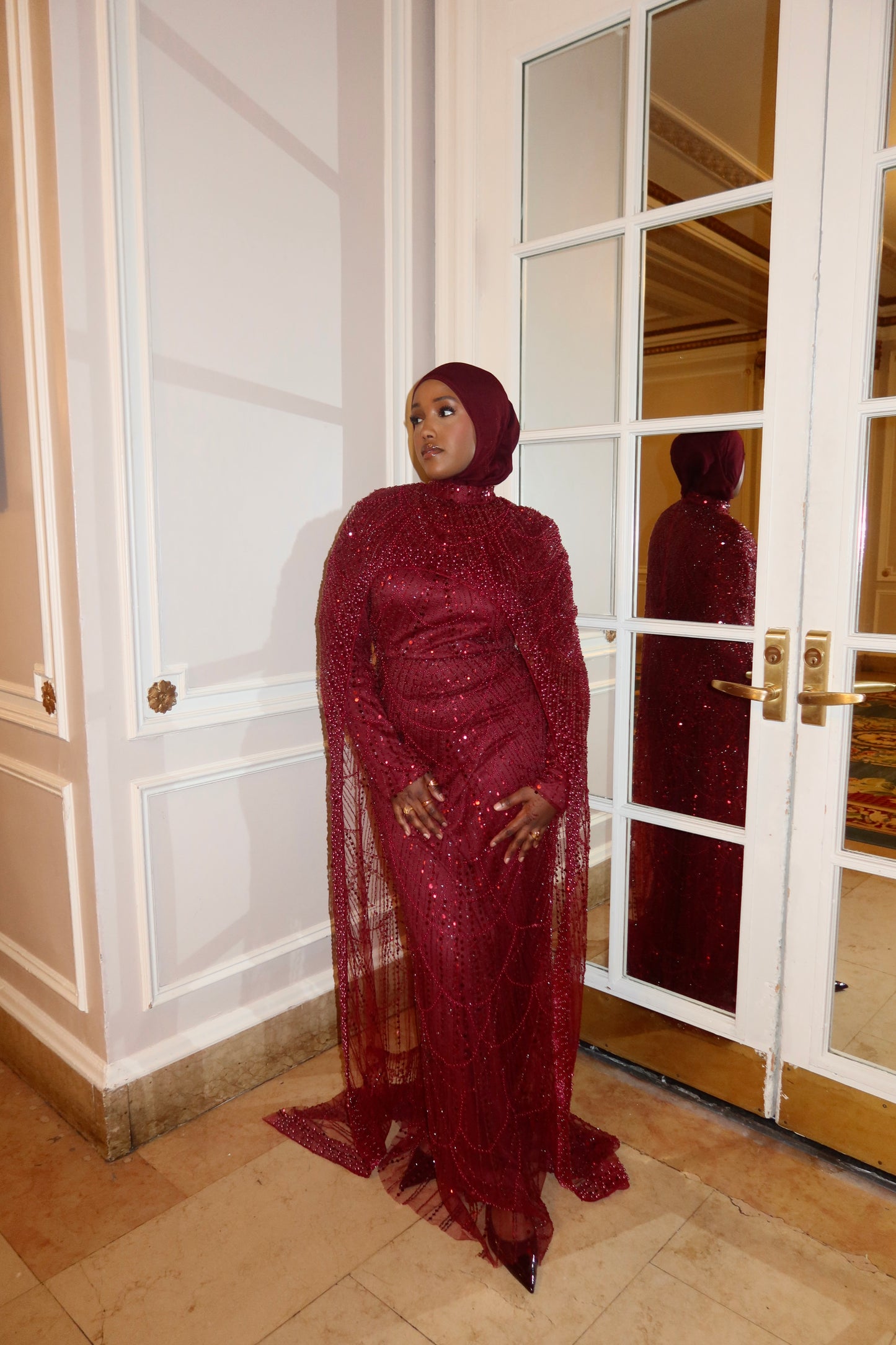 Leena - Embellished Dress with Cape - Dark Red