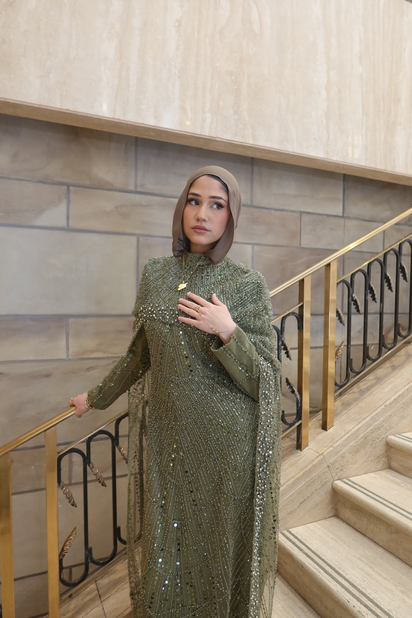 Leena - Embellished Dress with Cape - Pistachio Green