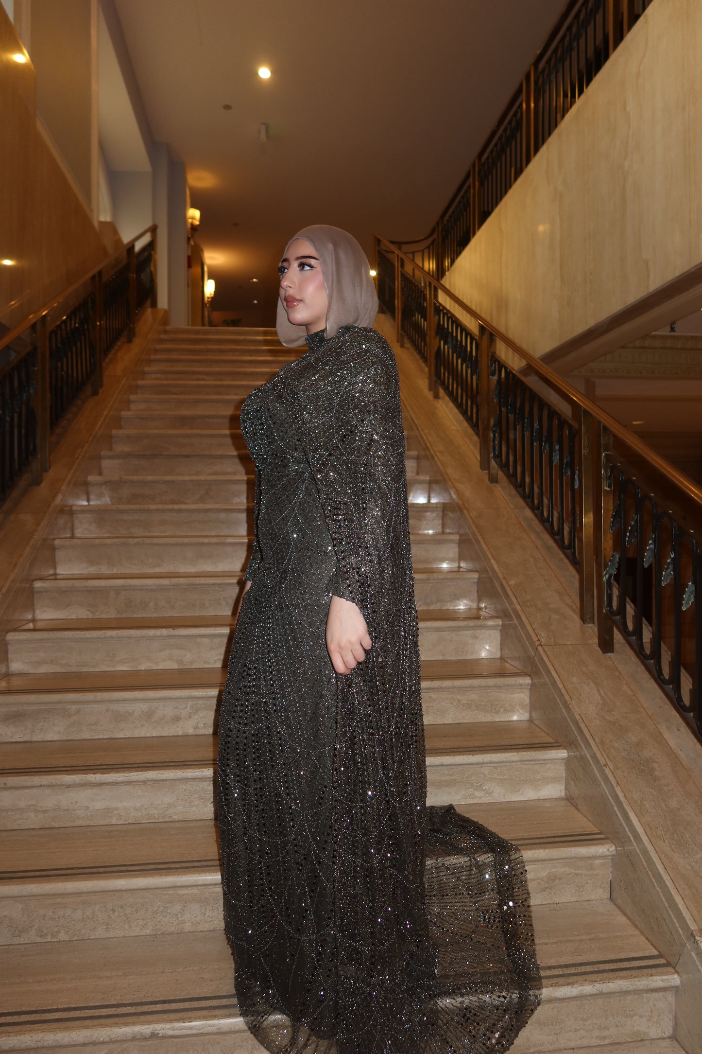 Leena - Embellished Dress with Cape - Olive Green