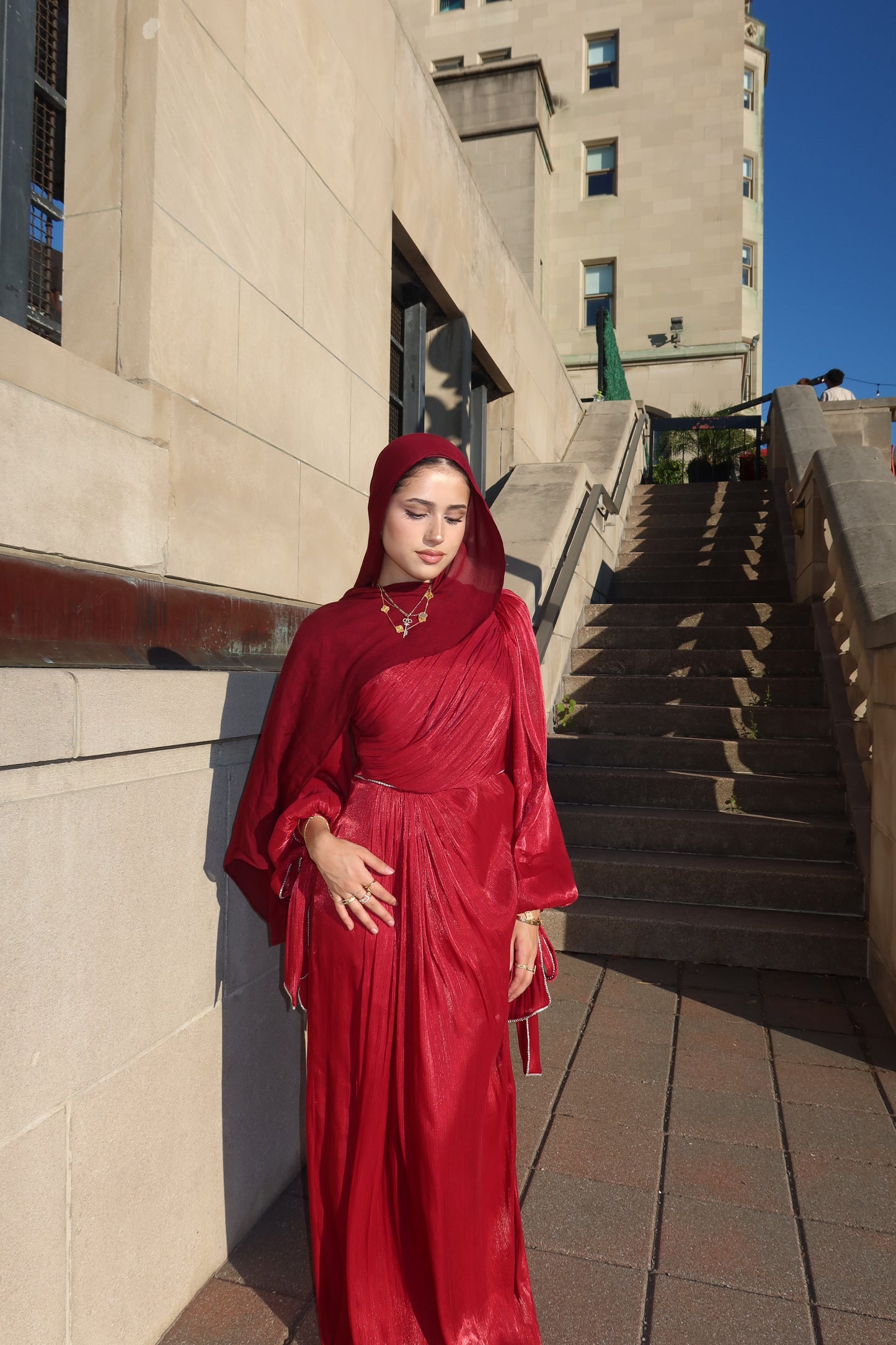 Batoul - Softly Pleated & Embellished Dress - Red