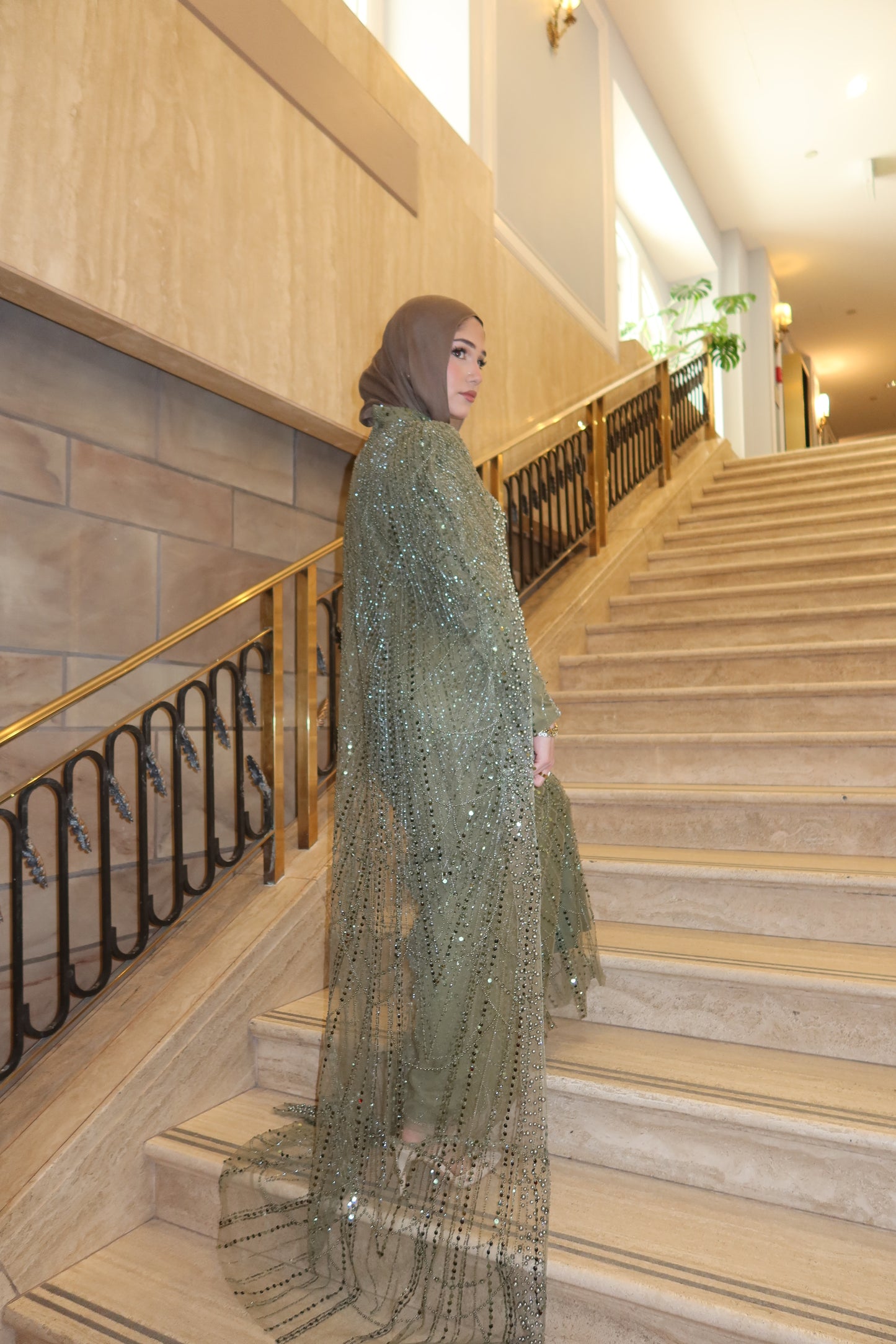 Leena - Embellished Dress with Cape - Pistachio Green