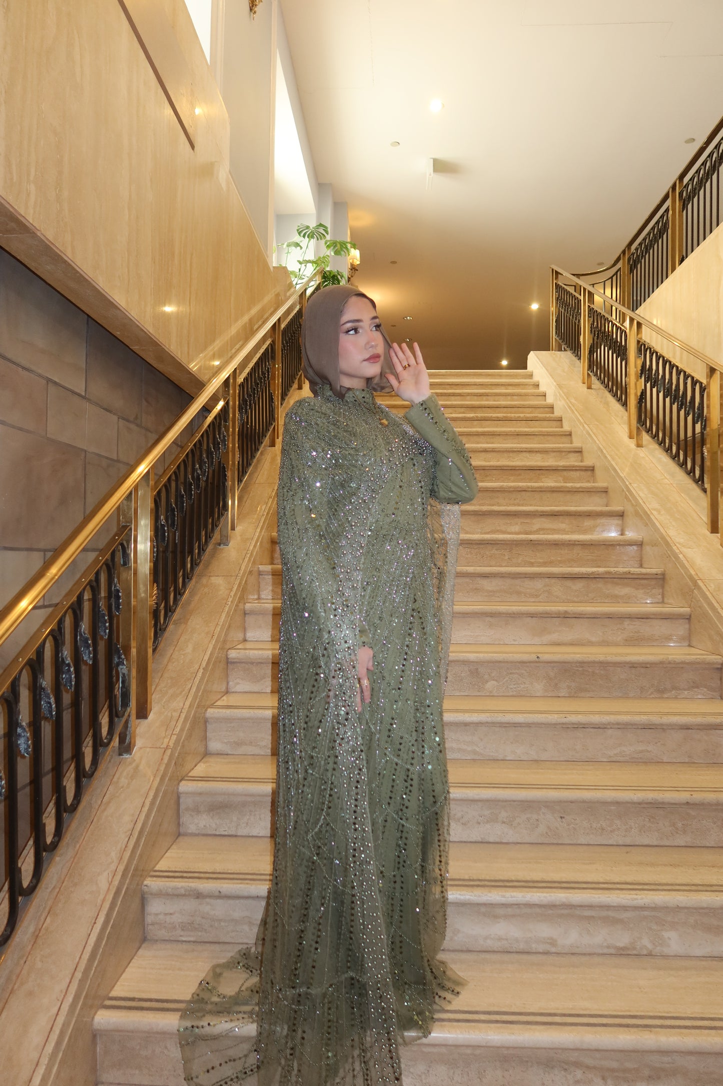 Leena - Embellished Dress with Cape - Pistachio Green