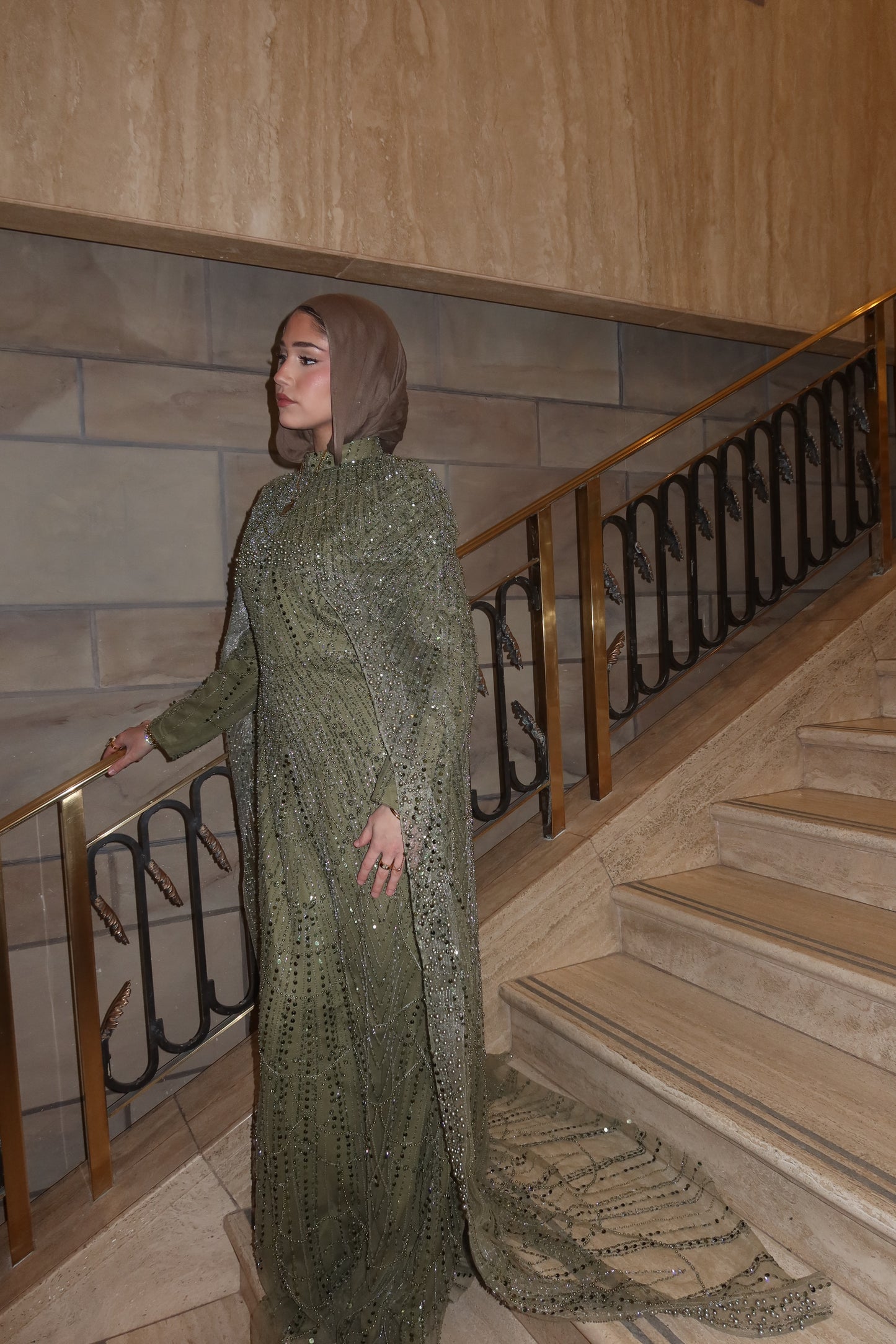 Leena - Embellished Dress with Cape - Pistachio Green