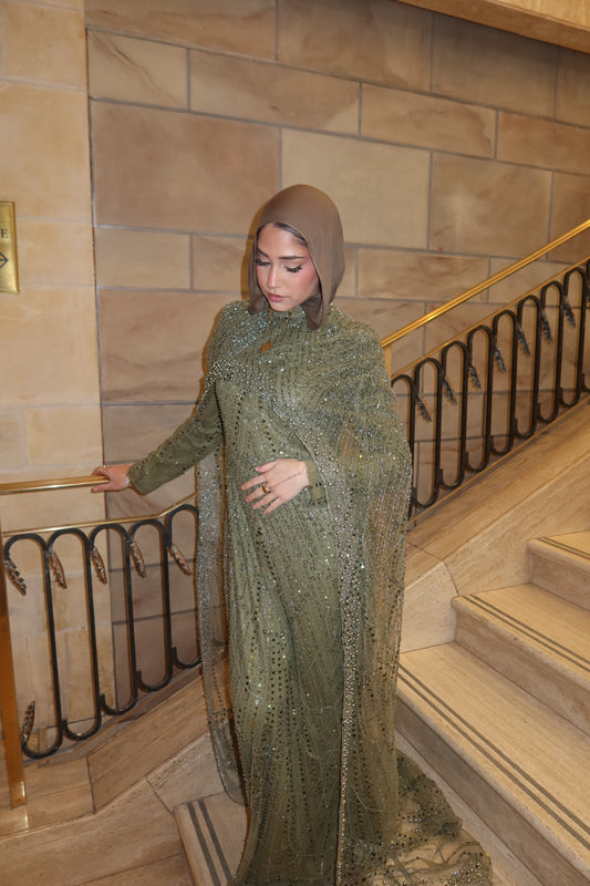 Leena - Embellished Dress with Cape - Pistachio Green