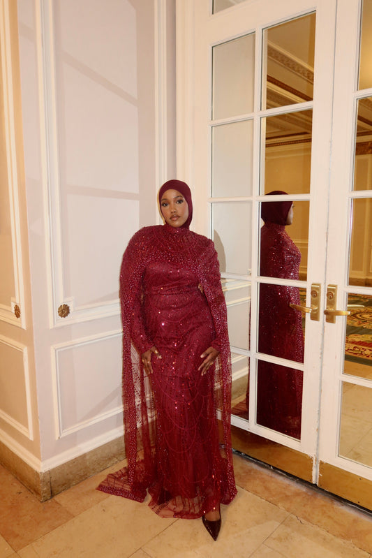 Leena - Embellished Dress with Cape - Dark Red