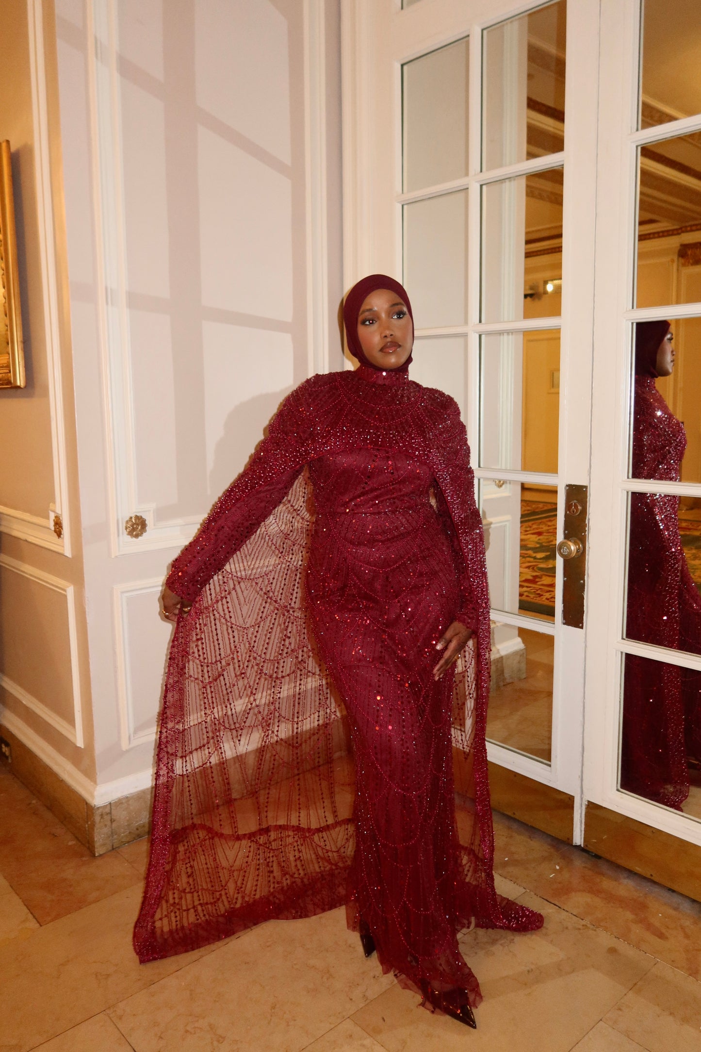 Leena - Embellished Dress with Cape - Dark Red