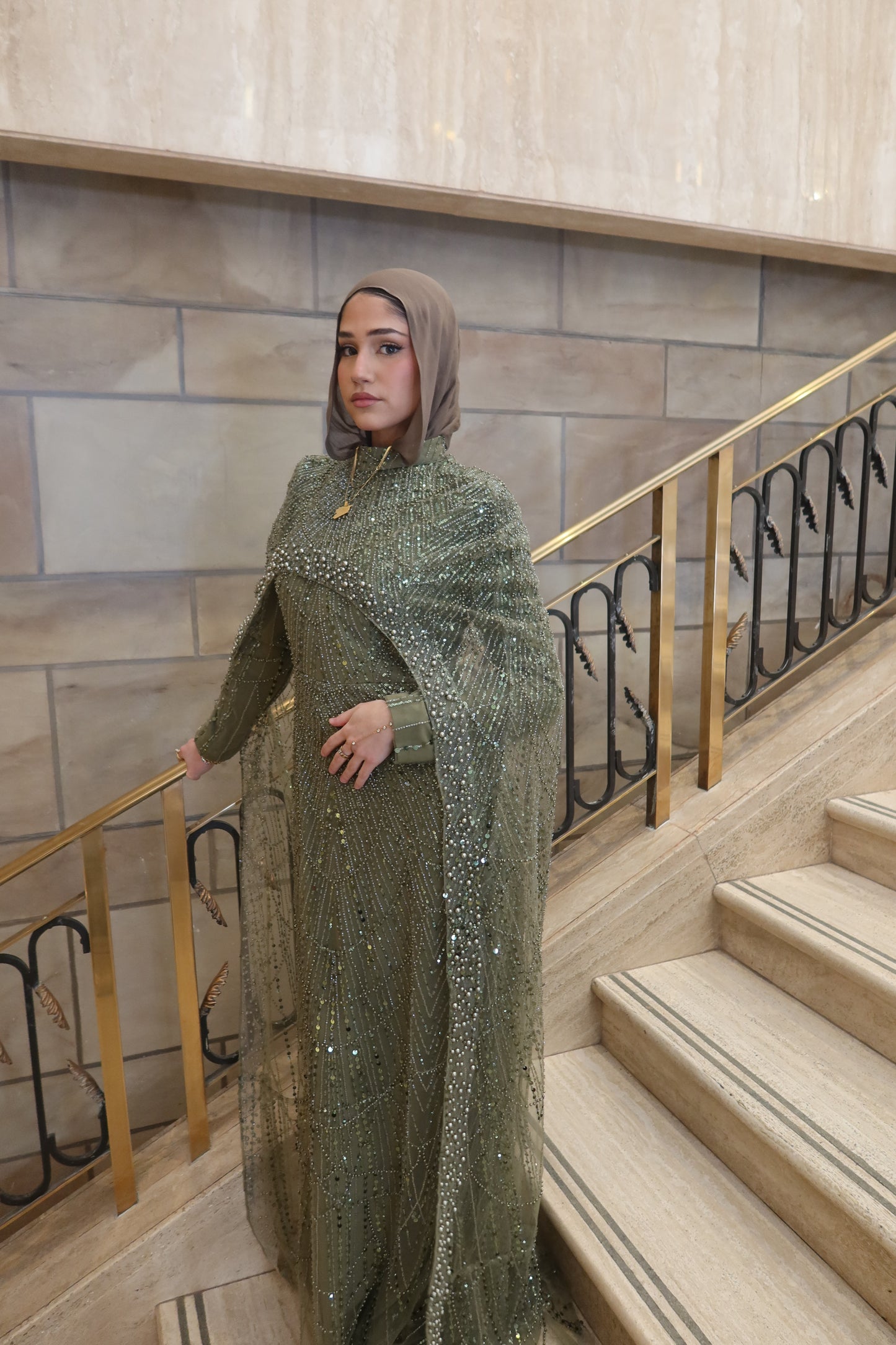 Leena - Embellished Dress with Cape - Pistachio Green