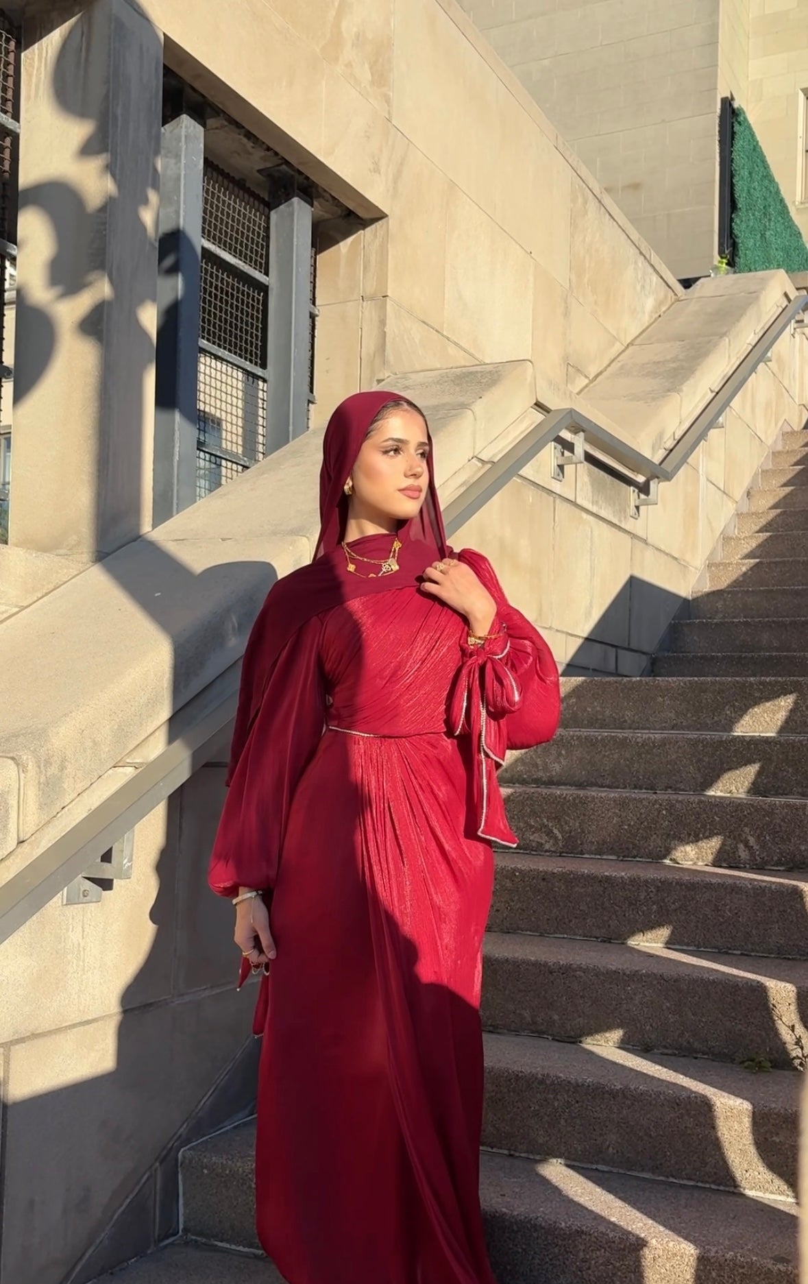 Batoul - Softly Pleated & Embellished Dress - Red