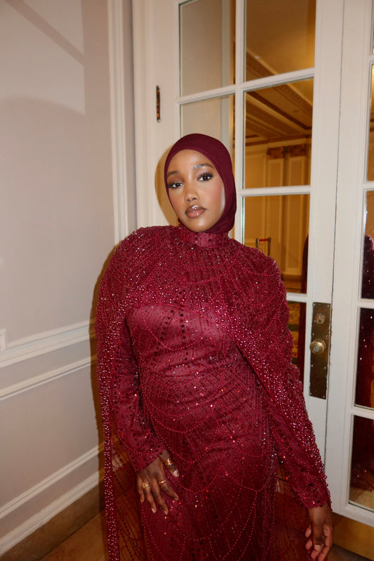 Leena - Embellished Dress with Cape - Dark Red