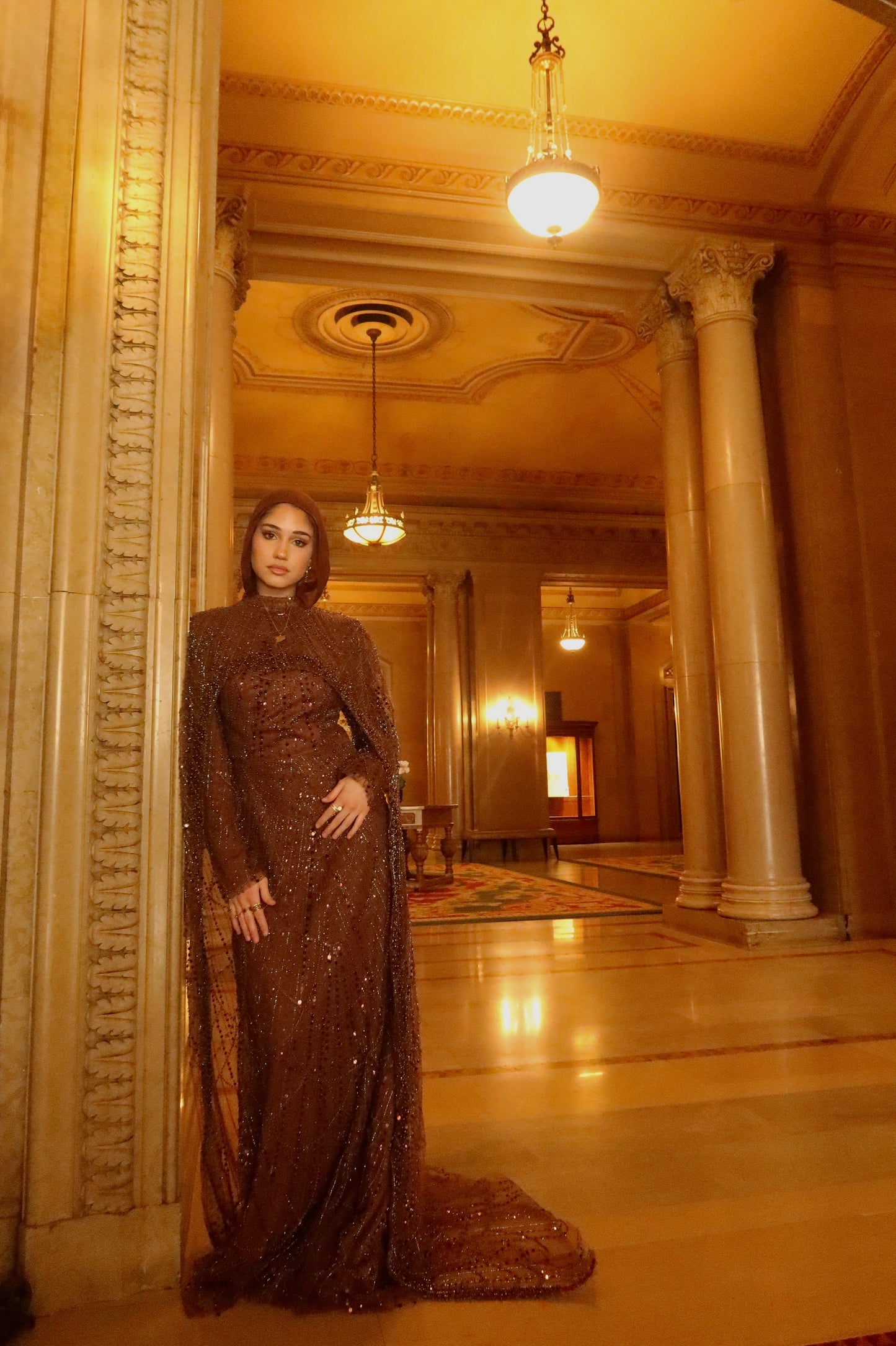 Leena - Embellished Dress with Cape - Chestnut