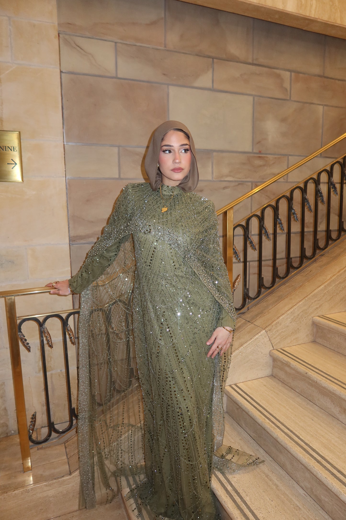 Leena - Embellished Dress with Cape - Pistachio Green