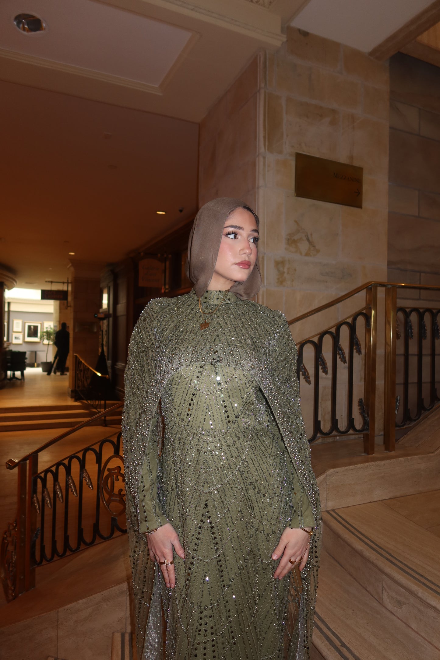 Leena - Embellished Dress with Cape - Pistachio Green