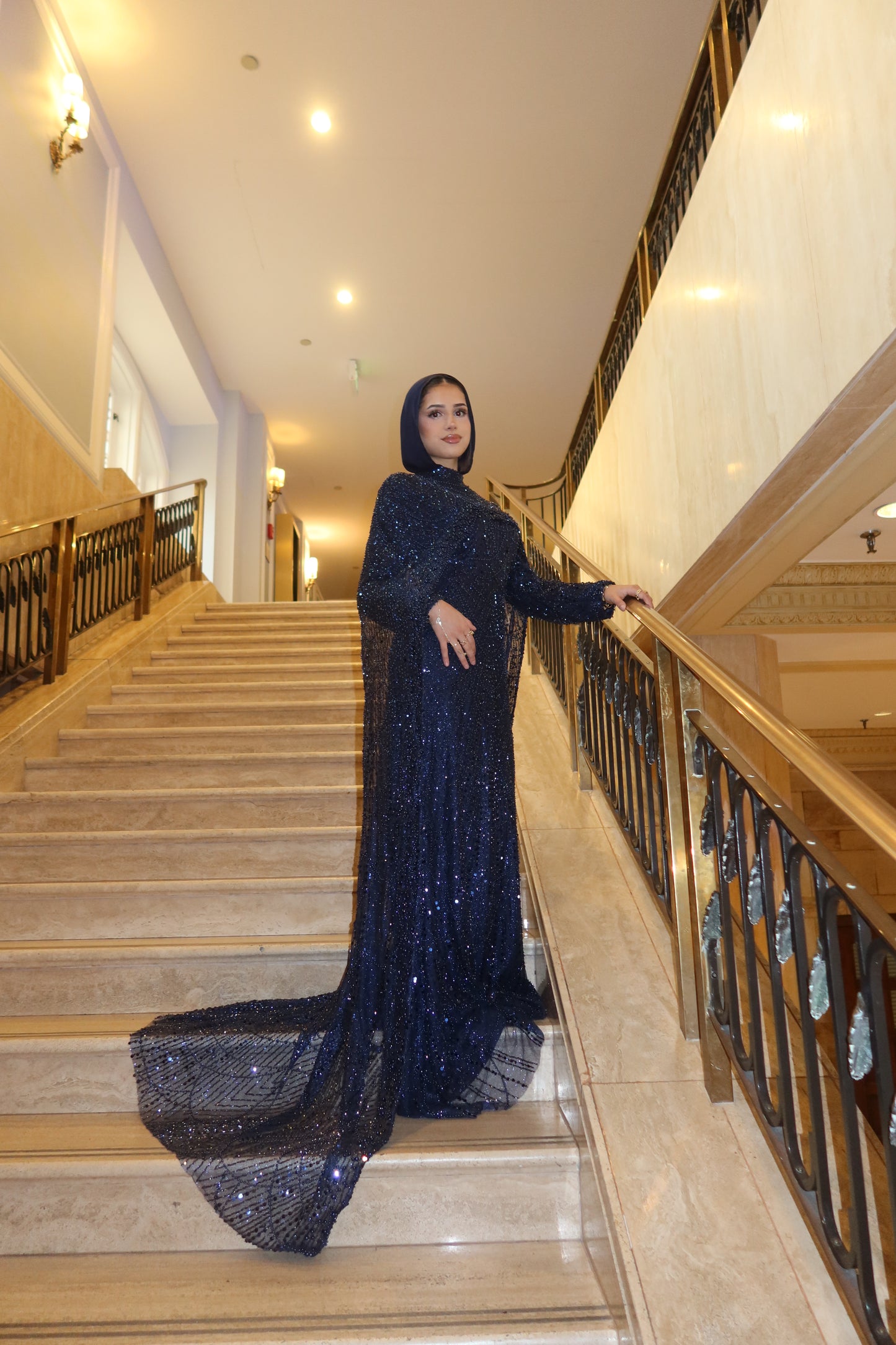 Leena - Embellished Dress with Cape - Royal Navy