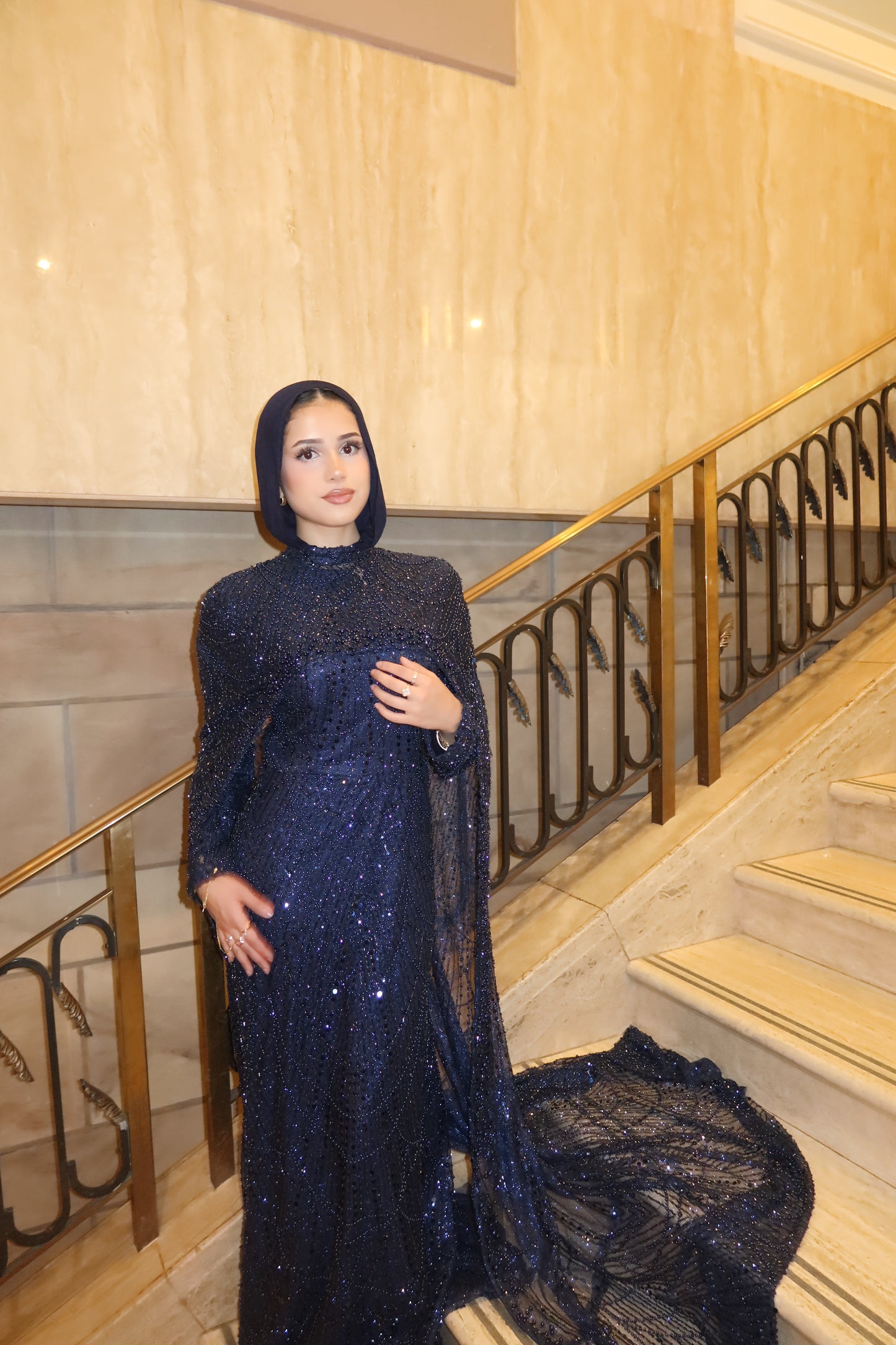 Leena - Embellished Dress with Cape - Royal Navy