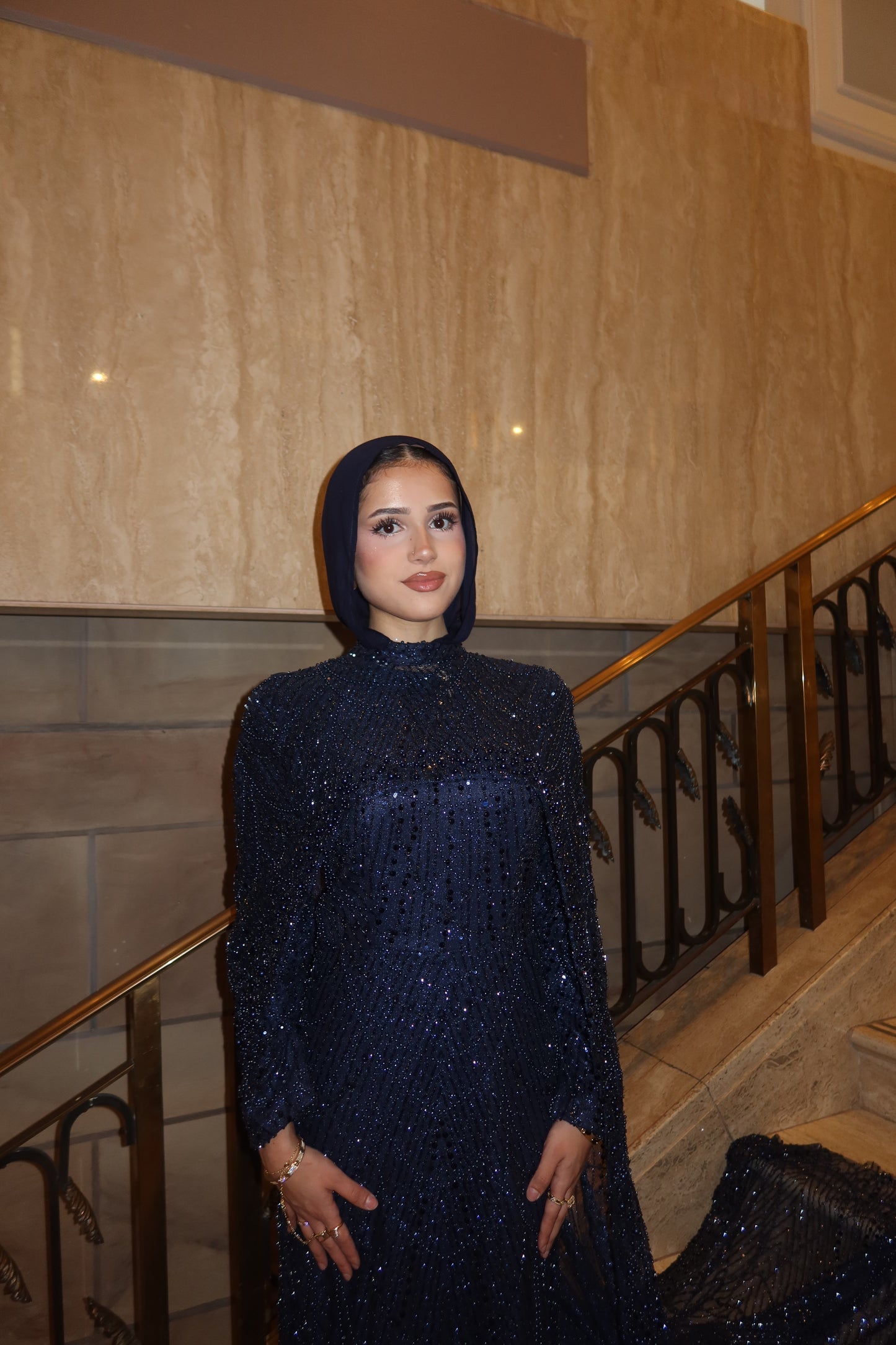 Leena - Embellished Dress with Cape - Royal Navy