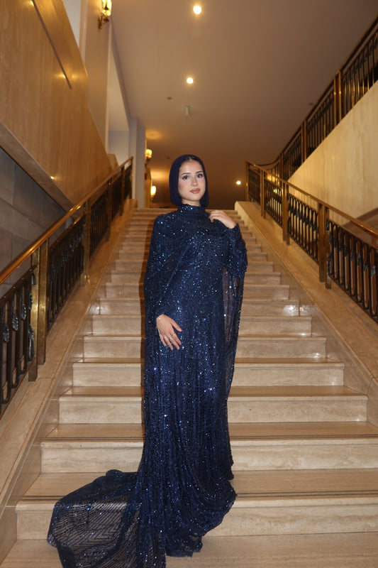 Leena - Embellished Dress with Cape - Royal Navy