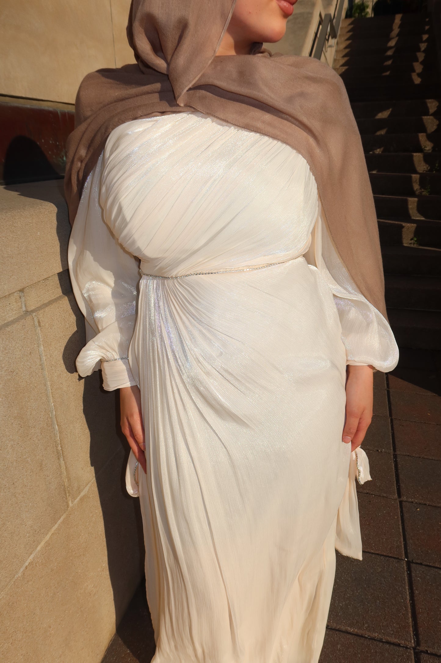 Batoul - Softly Pleated & Embellished Dress - Cream