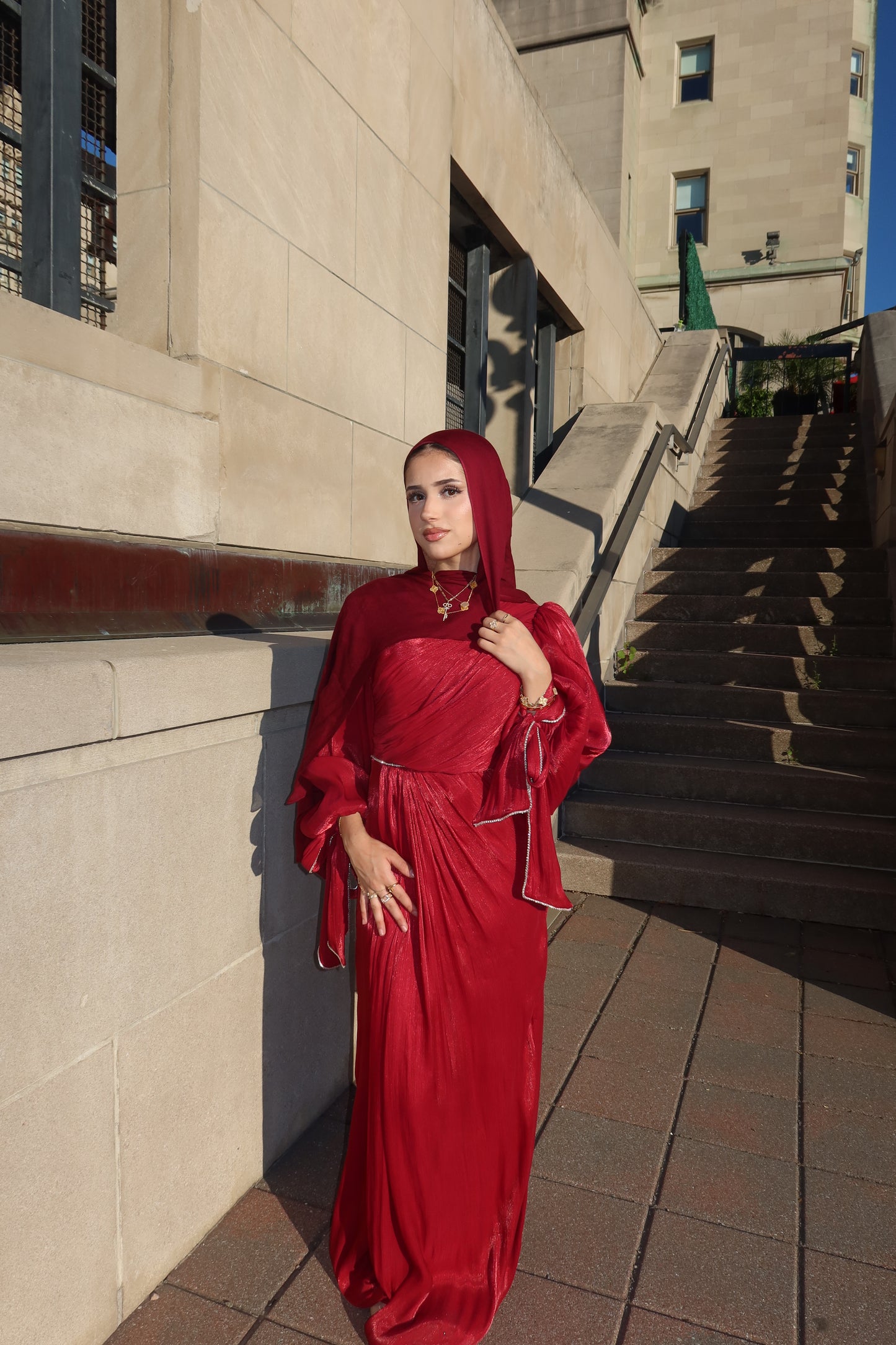 Batoul - Softly Pleated & Embellished Dress - Red