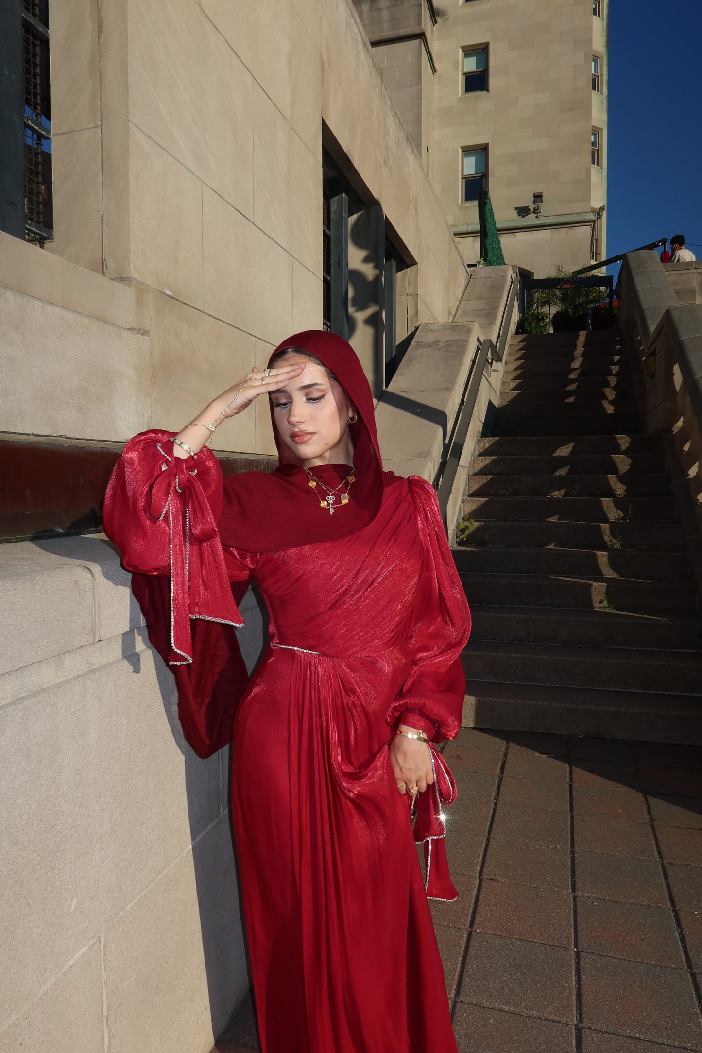 Batoul - Softly Pleated & Embellished Dress - Red