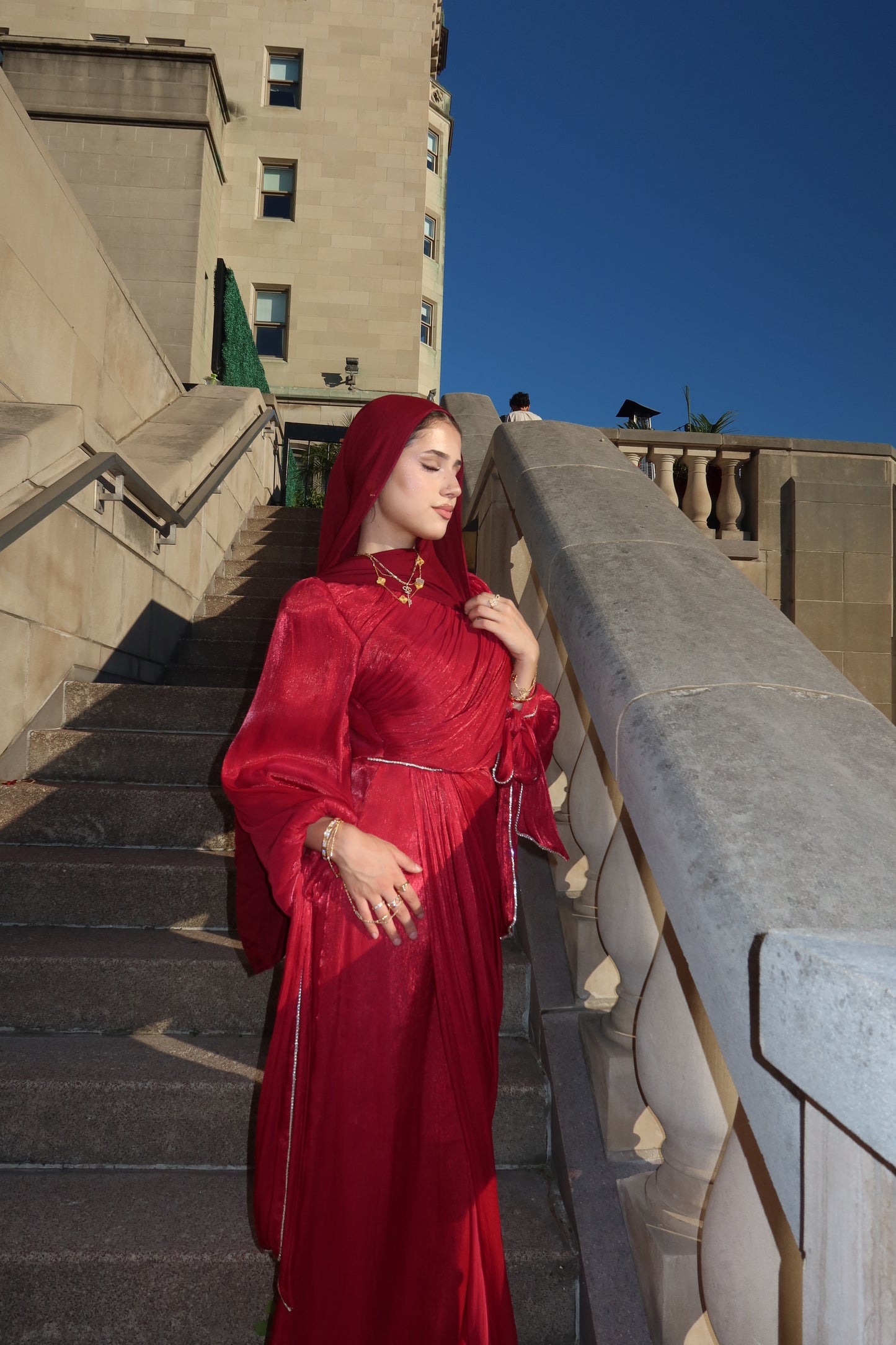 Batoul - Softly Pleated & Embellished Dress - Red