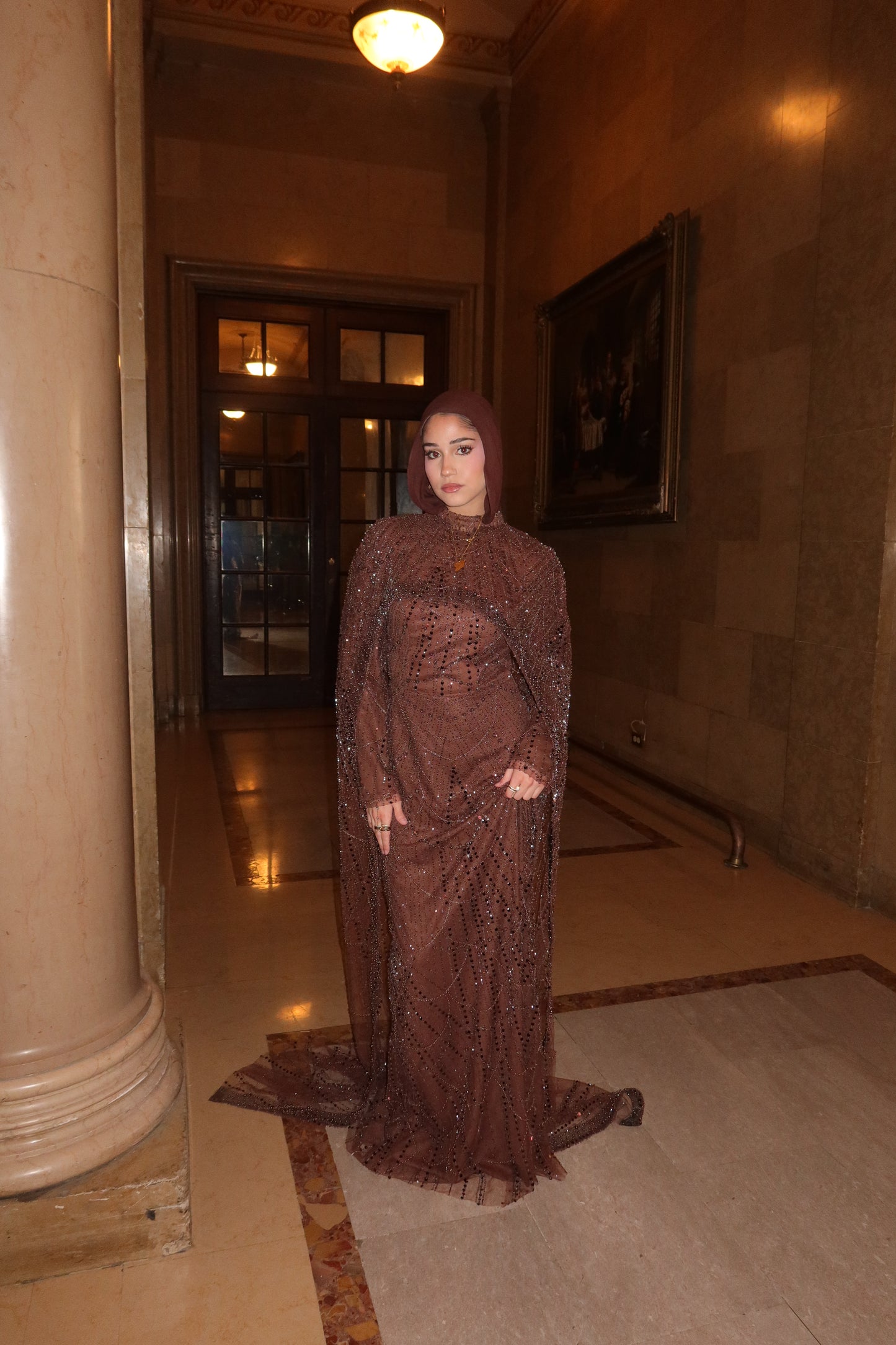 Leena - Embellished Dress with Cape - Chestnut