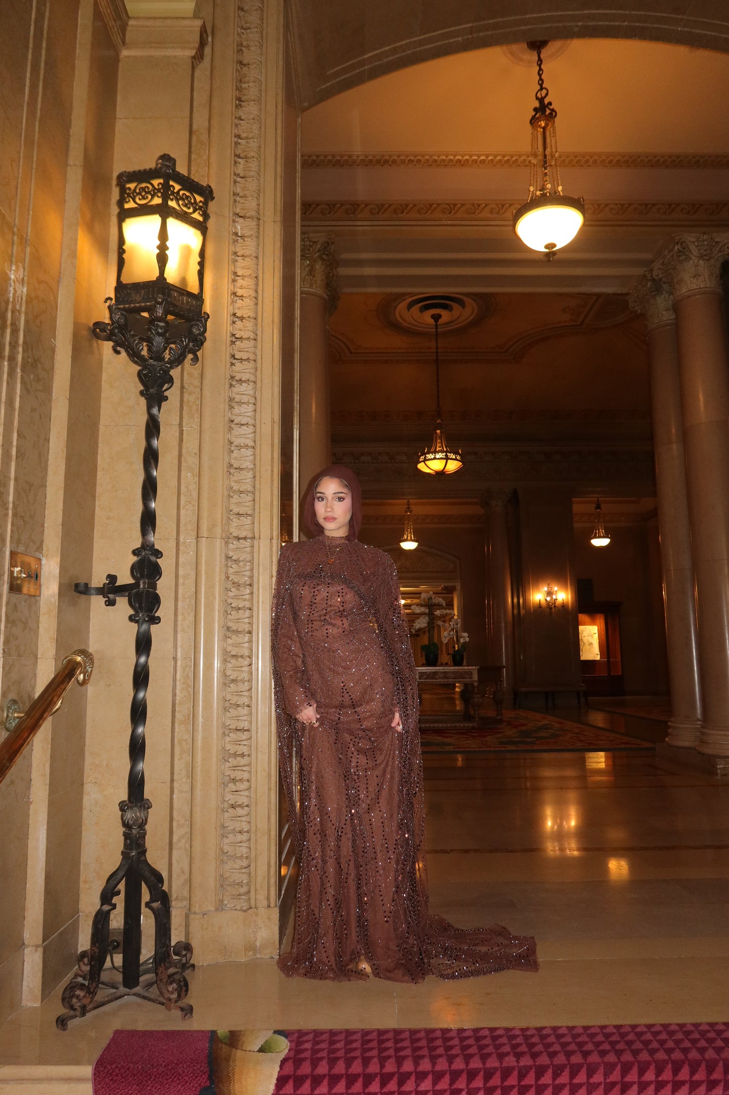 Leena - Embellished Dress with Cape - Chestnut