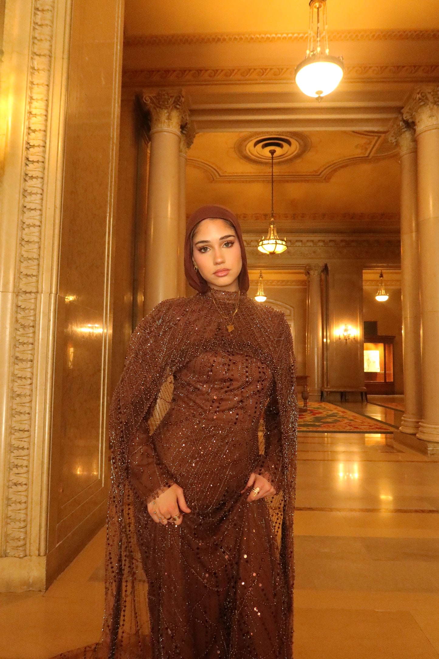 Leena - Embellished Dress with Cape - Chestnut