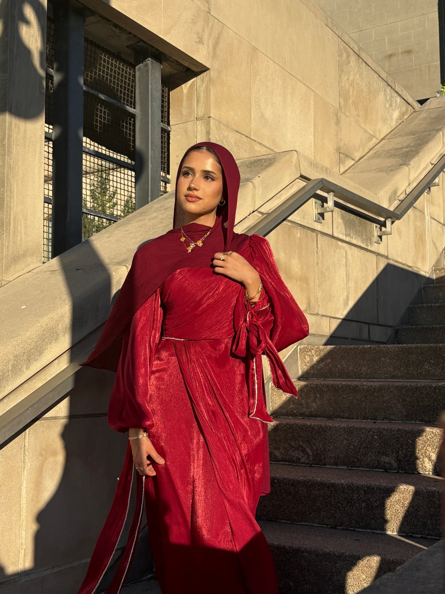 Batoul - Softly Pleated & Embellished Dress - Red