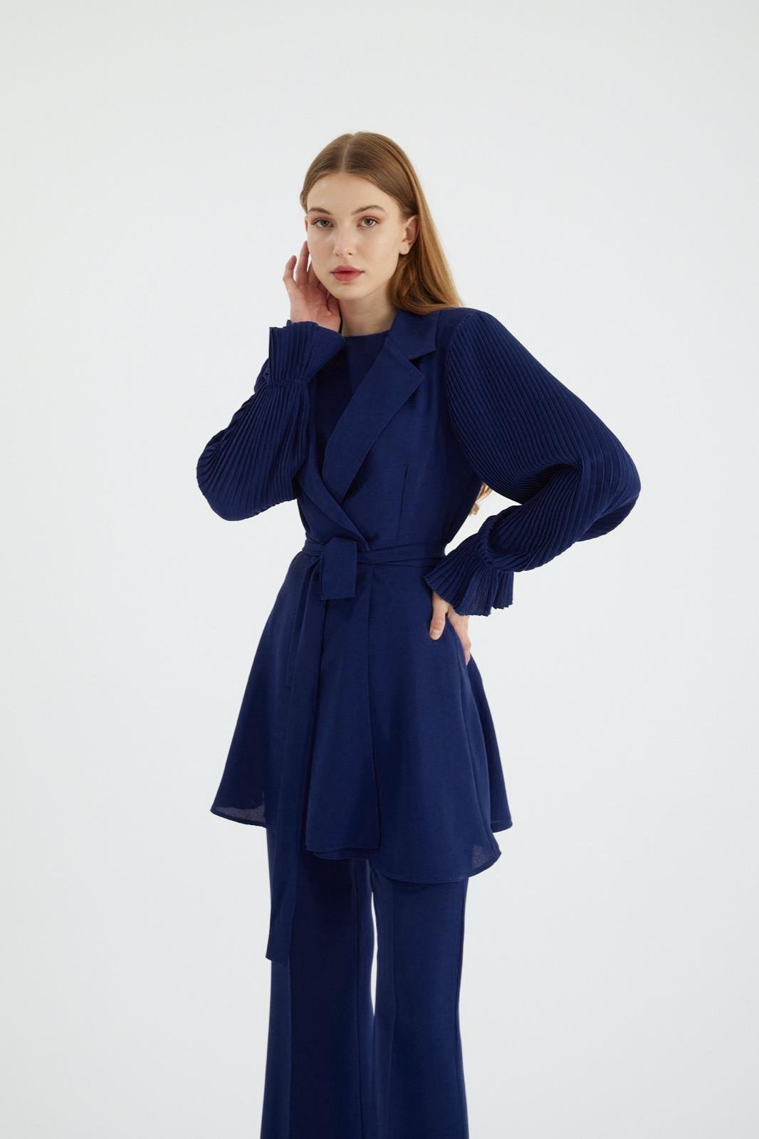 Alara Pleated Sleeves Matching Set - Royal Navy