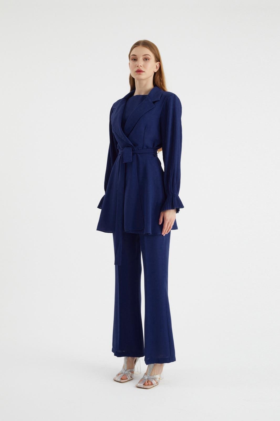 Alara Pleated Sleeves Matching Set - Royal Navy