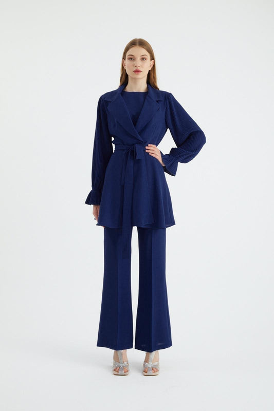 Alara Pleated Sleeves Matching Set - Royal Navy