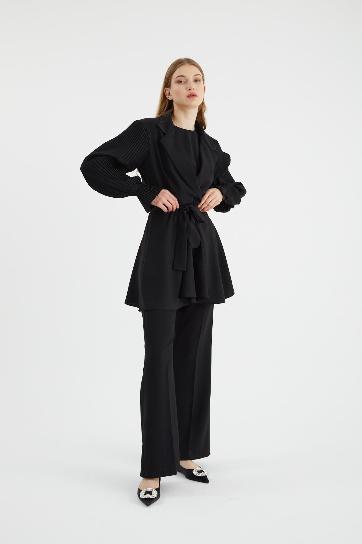 Alara Pleated Sleeves Matching Set - Black