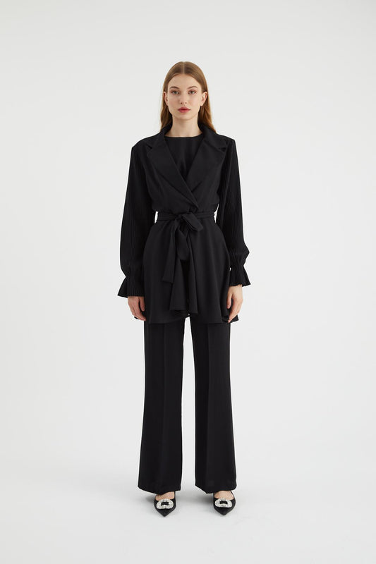 Alara Pleated Sleeves Matching Set - Black